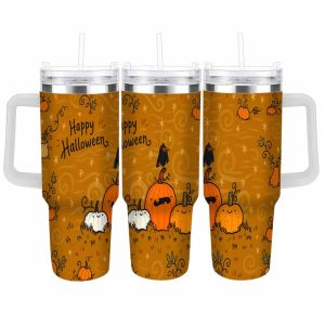 Halloween Pumpkin Crow Car Cup (40oz/30oz) Cute JackOLantern Pattern Double Wall Vacuum Insulated Stainless Steel Tumbler SpillProof Lid Handle Ideal For Holiday Parties Office Daily Commuting Autumn Seasonal Gifts Travel Road Trips Picnic Camping Outdoor Adventures
