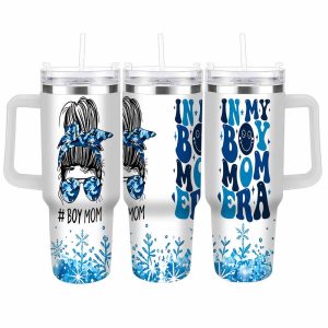 Boy Mom Travel Car Cup 40oz/30oz Blue Camo Messy Bun Hair Print Insulated Stainless Steel Tumbler Leakproof Lid Keeps Cold Long For Daily Commute Office Desk Gym Workout Birthdays Mother Day Presents