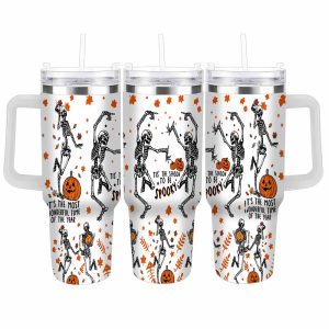 Spooky Halloween Skeleton Car Tumbler (40oz/30oz) Dancing Skeletons And Pumpkin Print Insulated Stainless Steel Mug Durable Leakproof Travel Cup For Autumn Parties Office Daily Use Gift