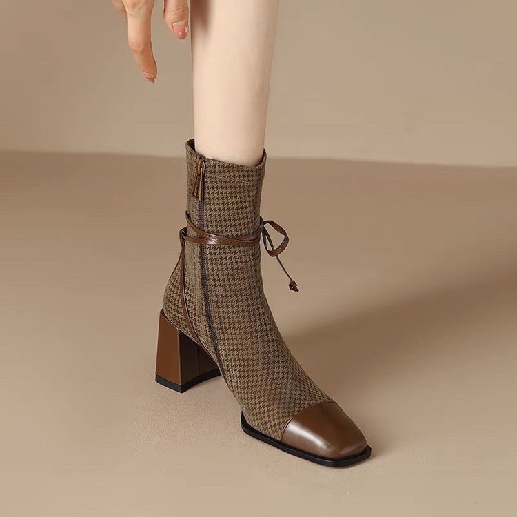 Kanaigu Temperament style ~ Square-toed houndstooth Martin boots for women with autumn bow thick high heels