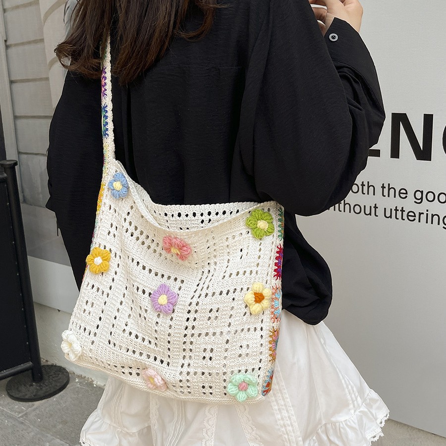 Casual hollow bag knitted beach bag women's yarn large capacity knitted trunk one shoulder spring and summer