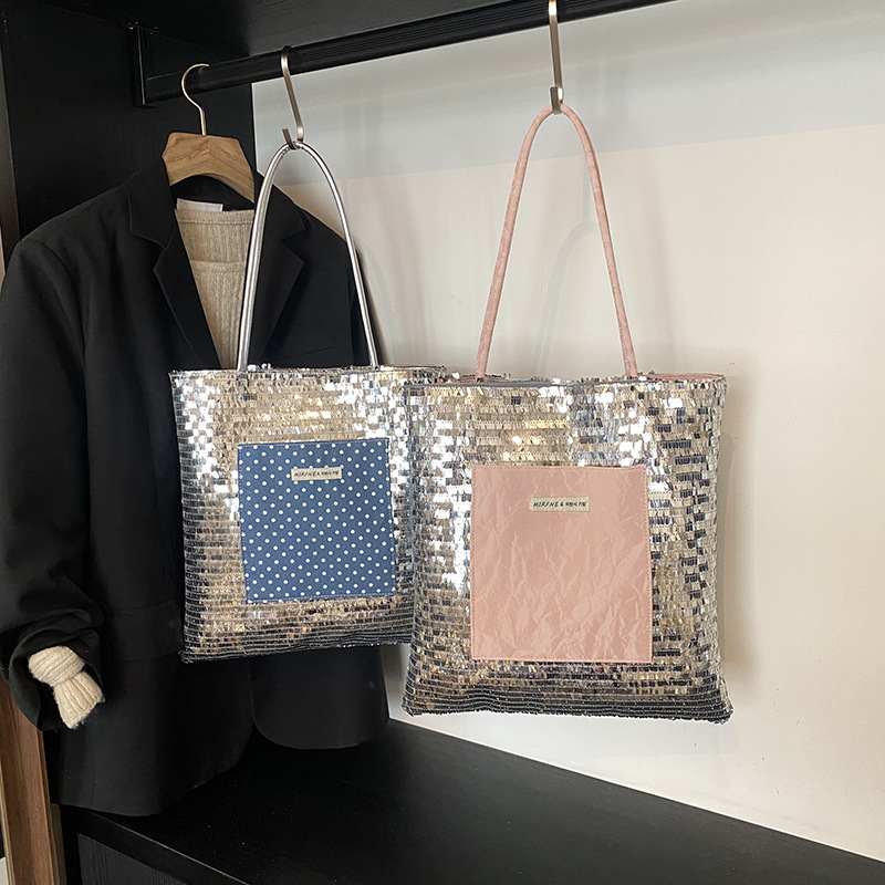 Tote bag for women with high-end super hot silver sequin sparkling shoulder bag polka dot commuting tote bag
